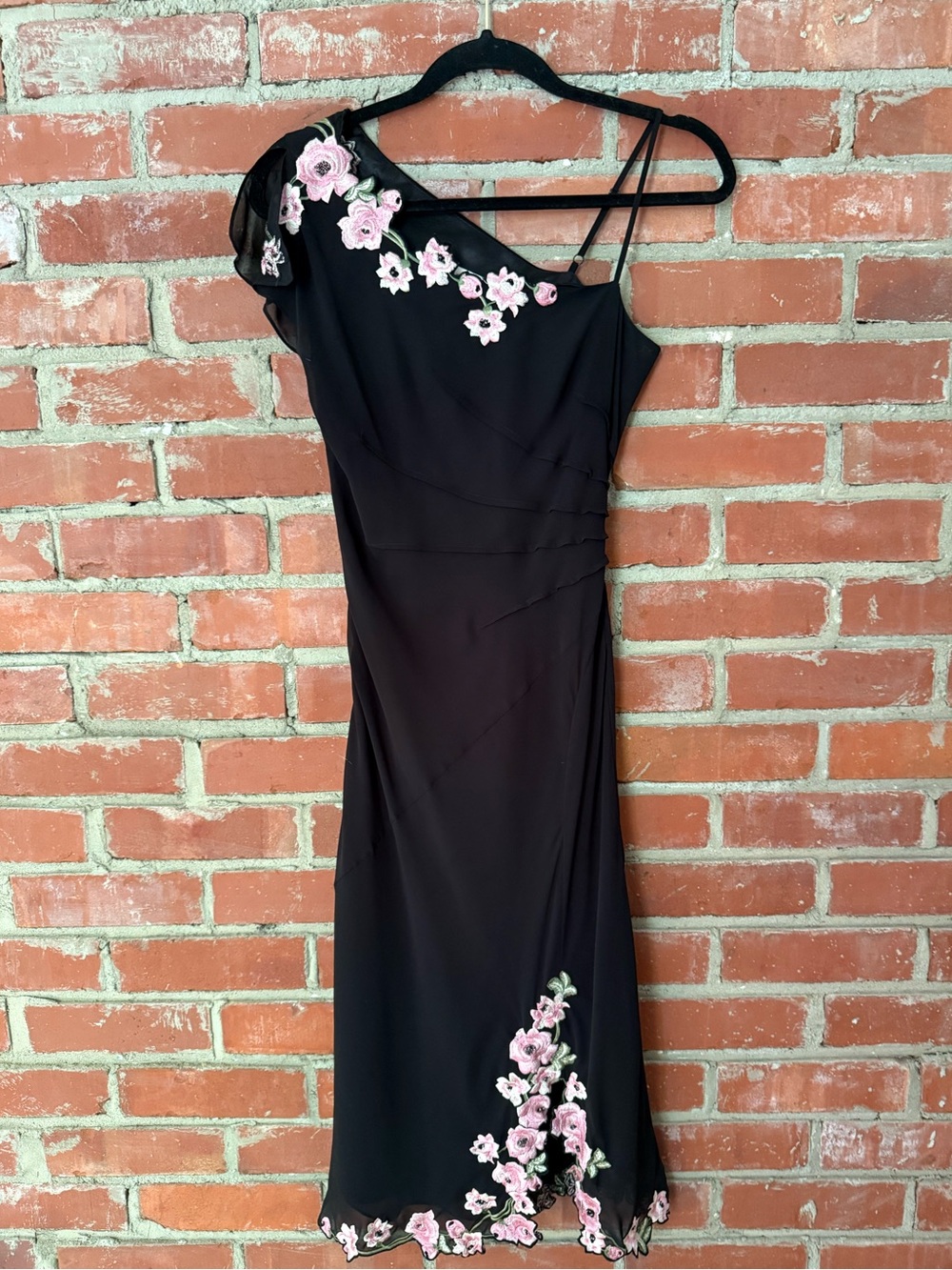 Black One-Shoulder Dress with Pink Floral Embroidery